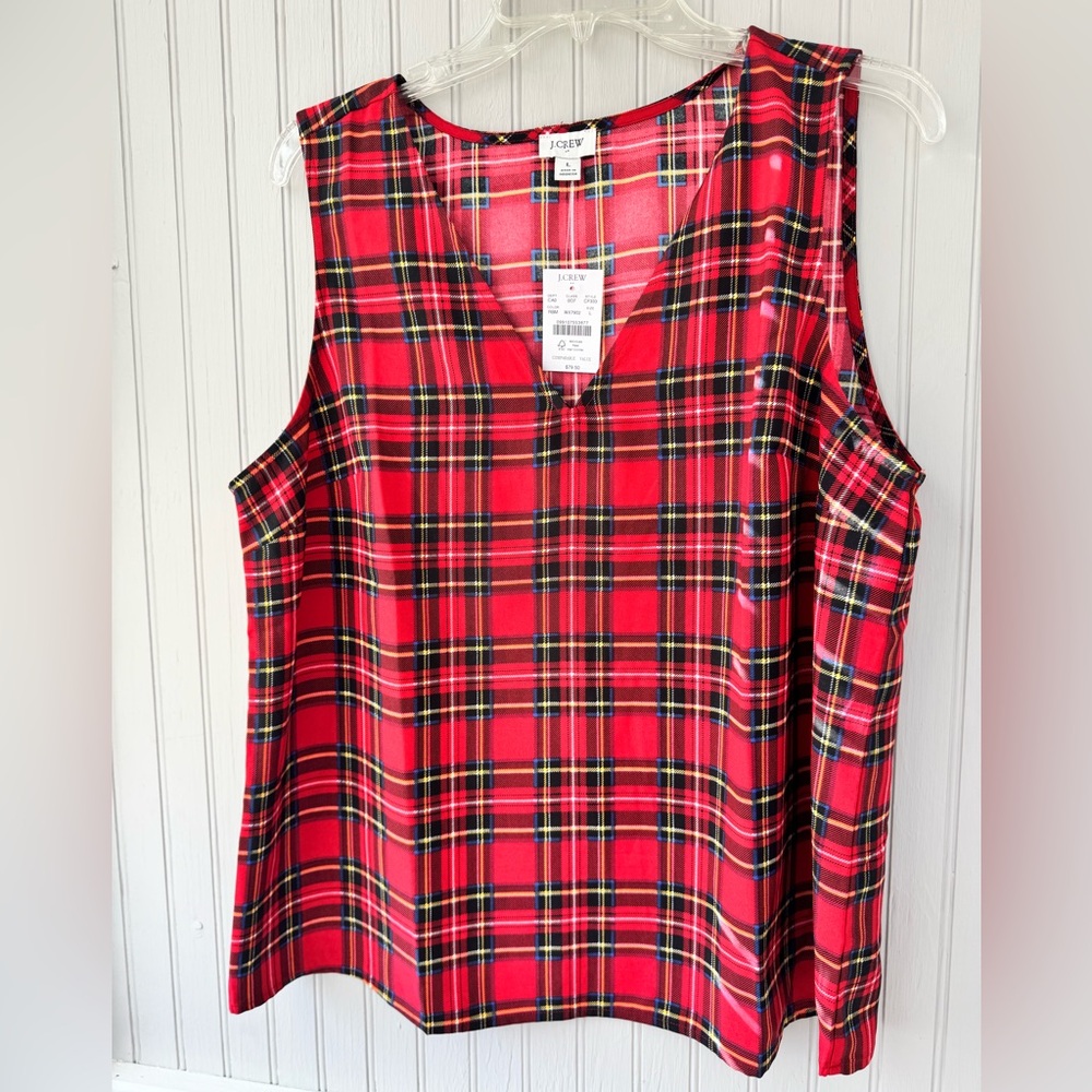 J. Crew Red and Black Plaid Sleeveless Blouse holiday Christmas plaid